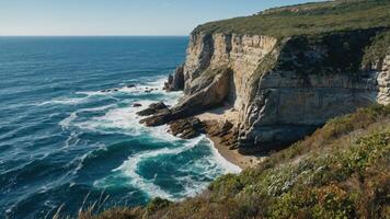 Scenic coastal view with cliffs, waves, and a secluded beach. photo