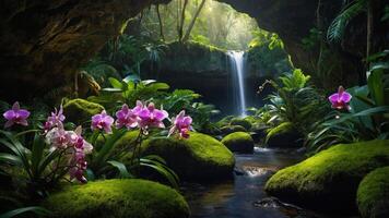 A serene waterfall surrounded by lush greenery and vibrant orchids in a tranquil setting. photo