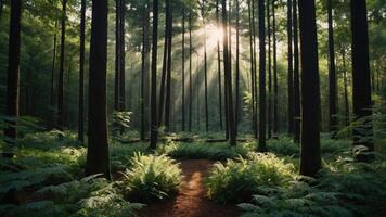 A serene forest scene with sunlight streaming through tall trees and lush ferns. photo