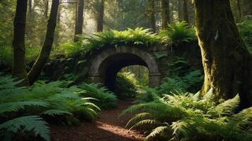 A serene forest scene featuring a stone archway surrounded by lush ferns and trees. photo