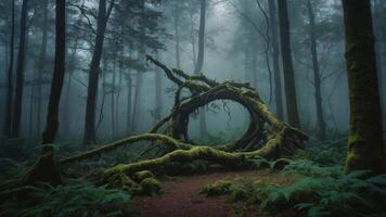 A mystical forest scene featuring a moss-covered archway formed by twisted branches. photo