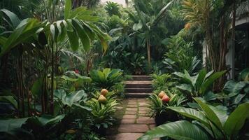 Lush garden pathway surrounded by vibrant tropical plants leading to a serene destination. photo
