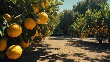 A sunlit lemon grove with ripe lemons hanging from trees along a dirt path. photo