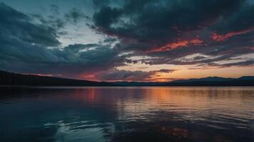 A serene lake at sunset, reflecting vibrant colors in the sky and water. photo