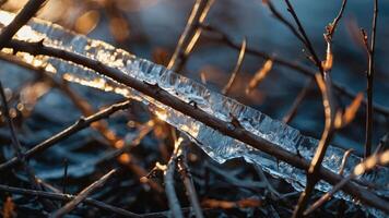 A close-up of a twig with ice glistening in the sunlight among dry branches. photo