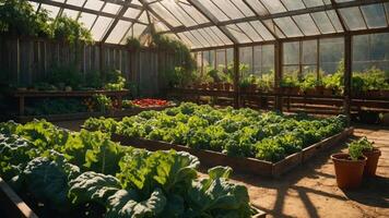 A greenhouse filled with vibrant vegetables and plants, showcasing a nurturing environment. photo