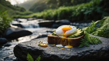 A poached egg on avocado toast, set against a serene natural backdrop. photo