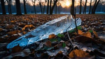 A large piece of ice rests among fallen leaves in a serene park setting at sunset. photo