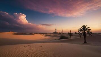 A serene desert landscape at sunset, featuring dunes, palm trees, and distant structures. photo
