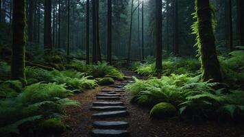 A serene forest path lined with stones, surrounded by lush ferns and tall trees. photo