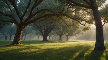 Serene morning light filters through trees in a peaceful landscape. photo