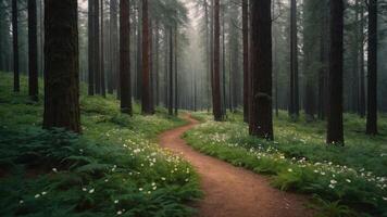 A winding path through a misty forest, surrounded by tall trees and lush greenery. photo