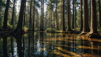 Tranquil forest scene with tall trees reflecting in calm water. photo
