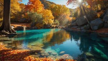 A serene autumn landscape with colorful trees reflecting in calm water. photo
