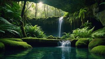 A serene waterfall cascading into a lush, green pool surrounded by dense foliage. photo