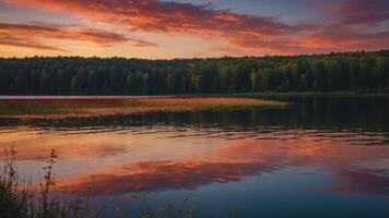A serene lake at sunset, reflecting vibrant colors and surrounded by lush trees. photo