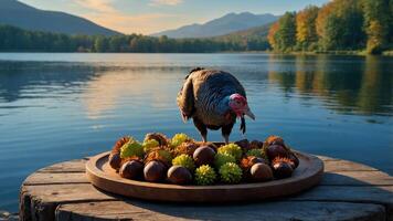A turkey stands on a wooden platter surrounded by chestnuts by a serene lakeside. photo