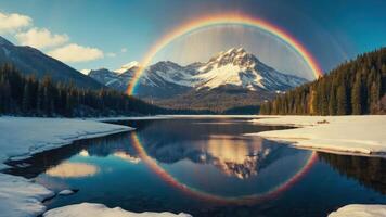 A serene landscape featuring a snow-covered mountain, a rainbow, and a reflective lake. photo