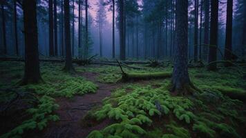 A serene forest scene with mist, tall trees, and lush green moss covering the ground. photo