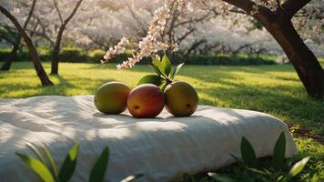 Three ripe mangoes resting on a white cloth in a serene garden setting. photo