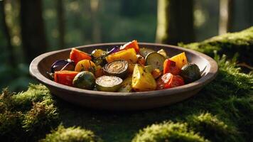 A wooden plate filled with colorful roasted vegetables set in a natural forest environment. photo