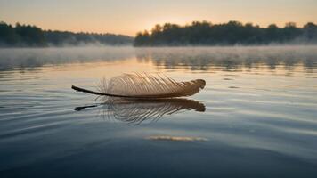 A delicate feather floats on a tranquil lake at sunrise, surrounded by misty trees. photo