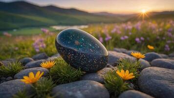 A polished stone rests on pebbles surrounded by flowers and mountains at sunset. photo