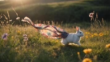 A white rabbit joyfully runs through a flower-filled meadow with a colorful scarf trailing behind. photo