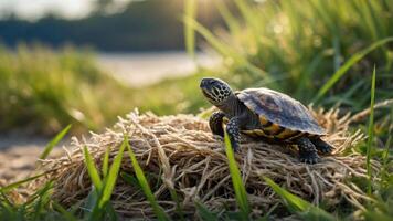 A turtle resting on a nest of straw amidst lush green grass and a serene background. photo