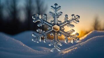 A close-up of a snowflake resting on snow, illuminated by a warm sunset. photo