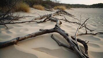 A weathered branch lies on sandy terrain, highlighting natural textures and environment. photo