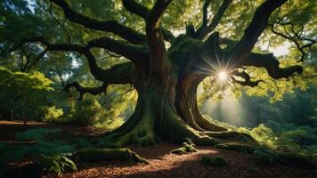 A majestic tree with sprawling branches and sunlight filtering through the leaves. photo