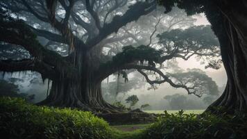 Majestic trees shrouded in mist, creating a serene, mystical atmosphere. photo