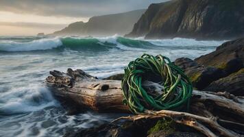 A serene coastal scene featuring waves, a log, and a green rope amidst rocky cliffs. photo