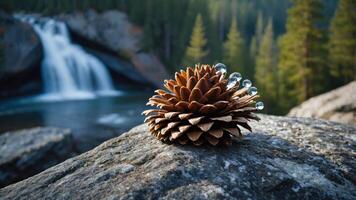 A pine cone adorned with water droplets, set against a serene waterfall backdrop. photo
