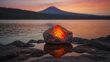 A glowing rock by a serene lake with a mountain backdrop at sunset. photo