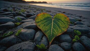 A heart-shaped leaf rests on pebbles by the beach, capturing nature's beauty at sunset. photo