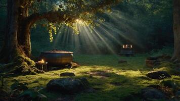 A serene forest scene with a cauldron, sunlight beams, and candles amidst lush greenery. photo