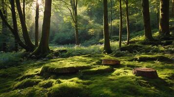 A serene forest scene with moss-covered ground and tree stumps, illuminated by soft sunlight. photo