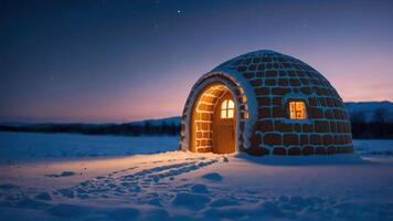 A cozy igloo illuminated at dusk, surrounded by a snowy landscape. photo