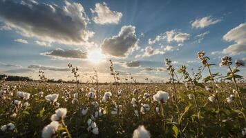 A cotton field under a dramatic sky with sunlight streaming through clouds. photo