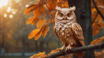 A wooden owl perched on a branch amidst autumn leaves in a tranquil setting. photo