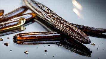 A close-up of glossy, elongated brown objects resembling caramel or candy on a reflective surface. photo