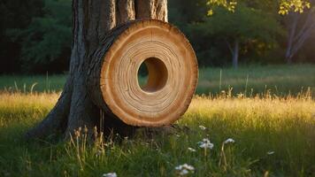 A tree trunk with a circular cutout stands in a sunlit grassy field. photo