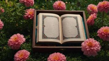An open book surrounded by pink flowers in a serene garden setting. photo