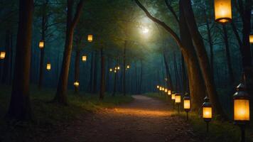 A serene forest path illuminated by glowing lanterns, creating a mystical atmosphere. photo