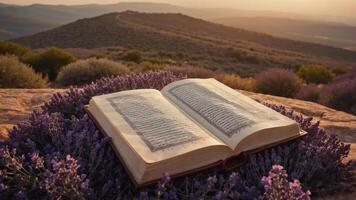 An open book rests on lavender flowers with a scenic mountain backdrop at sunset. photo