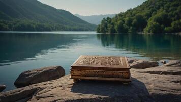 An ornate box rests on a rock by a serene lake surrounded by mountains and trees. photo