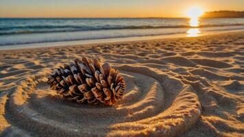 A pine cone rests in the sand by the ocean at sunset, creating a serene beach scene. photo