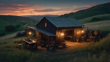 A rustic workshop at dusk, illuminated by lanterns in a serene landscape. photo